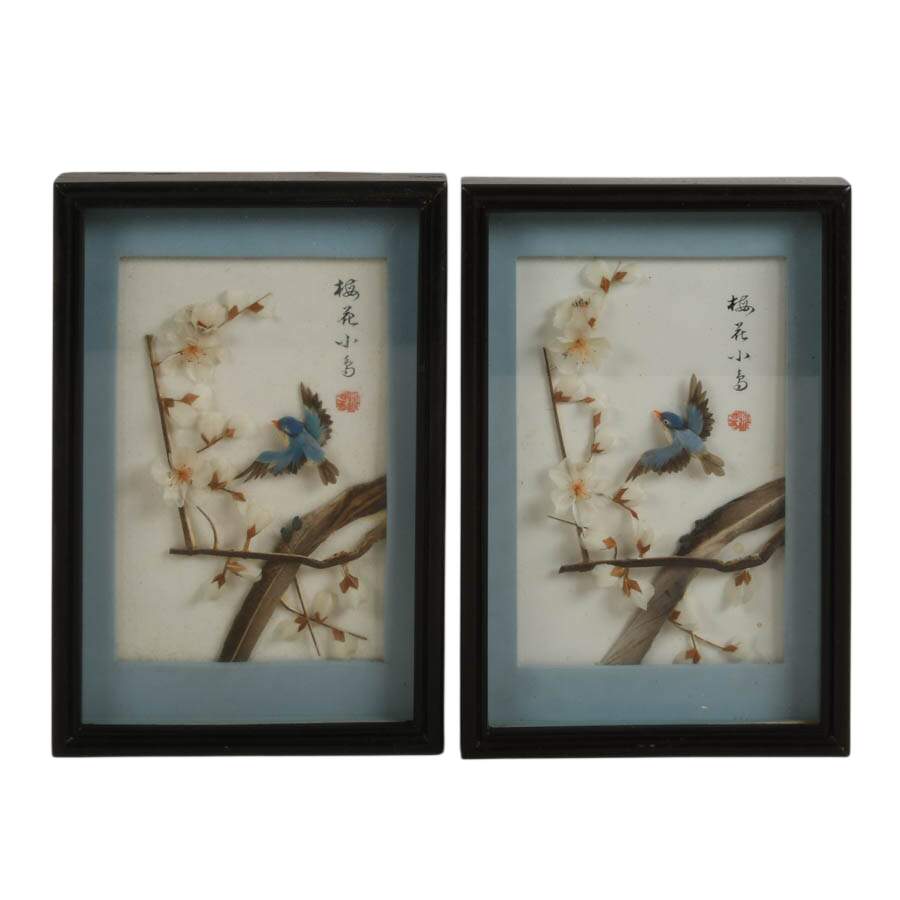 Pair of 3D Chinese Feather Art Blue and Blue Bird Wall Décor-1