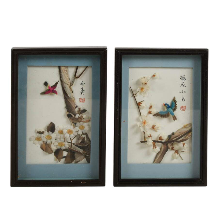 Pair of 3D Chinese Feather Art Pink and Blue Bird Wall Décor-1