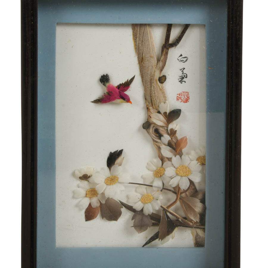 Pair of 3D Chinese Feather Art Pink and Orange Bird Wall Décor-3