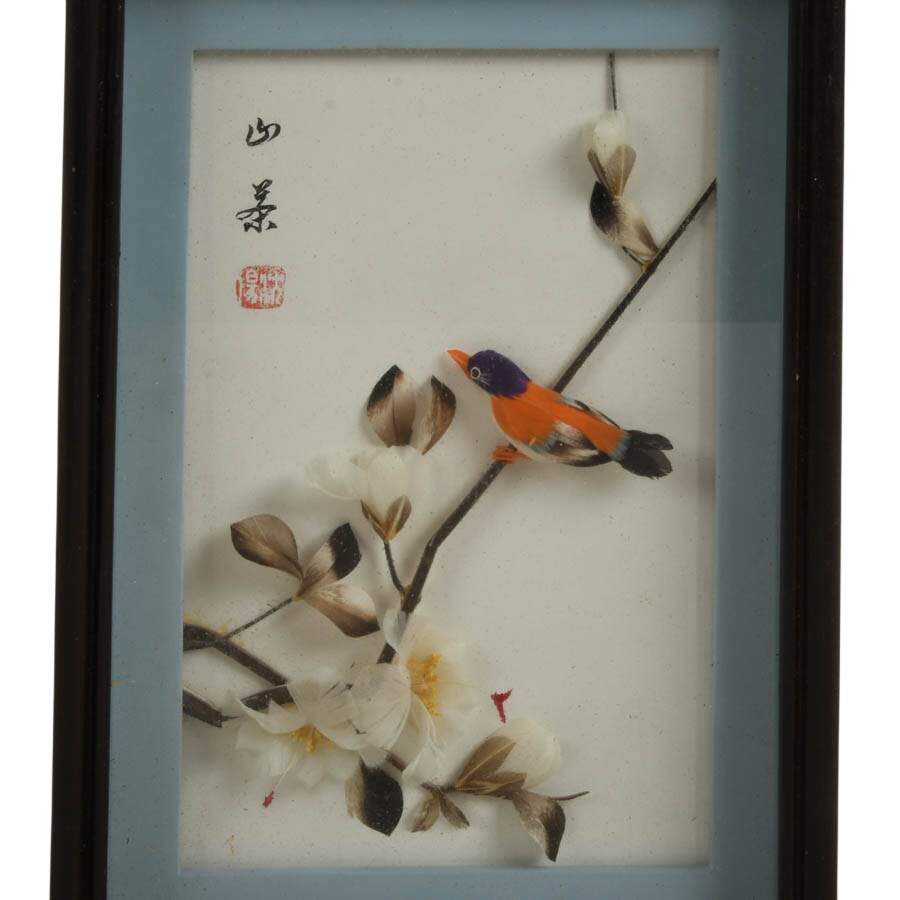 Pair of 3D Chinese Feather Art Pink and Orange Bird Wall Décor-2