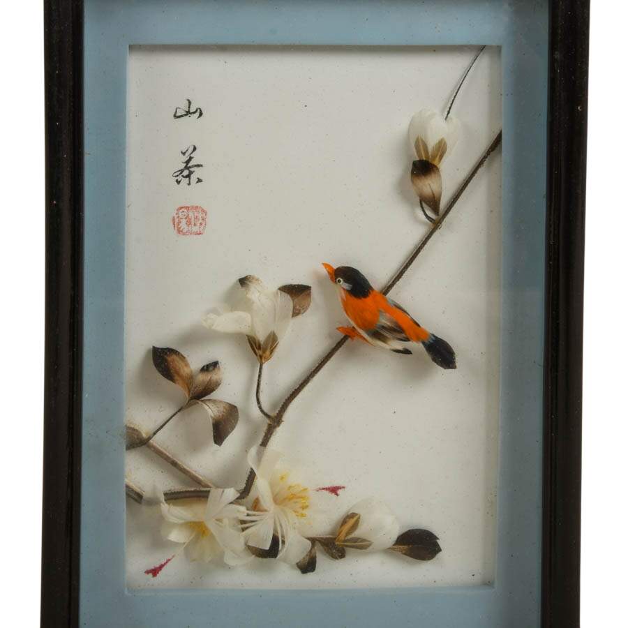 Pair of 3D Chinese Feather Art Orange and Green Bird Wall Décor-3