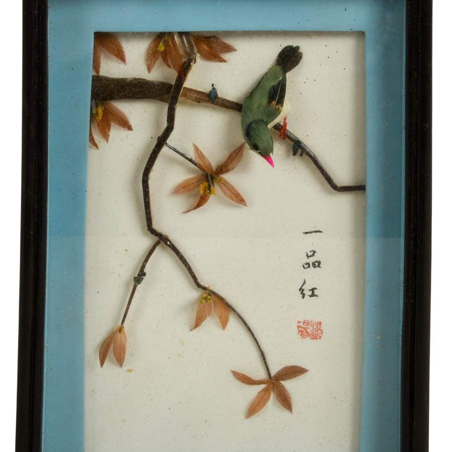 Pair of 3D Chinese Feather Art Orange and Green Bird Wall Décor-2