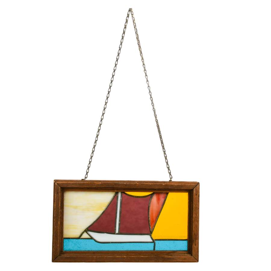 Stained-Glass Sailboat Window Panel in Rustic Wood Frame-5