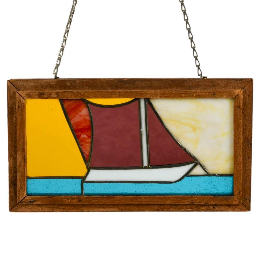 Stained-Glass Sailboat Window Panel in Rustic Wood Frame-2