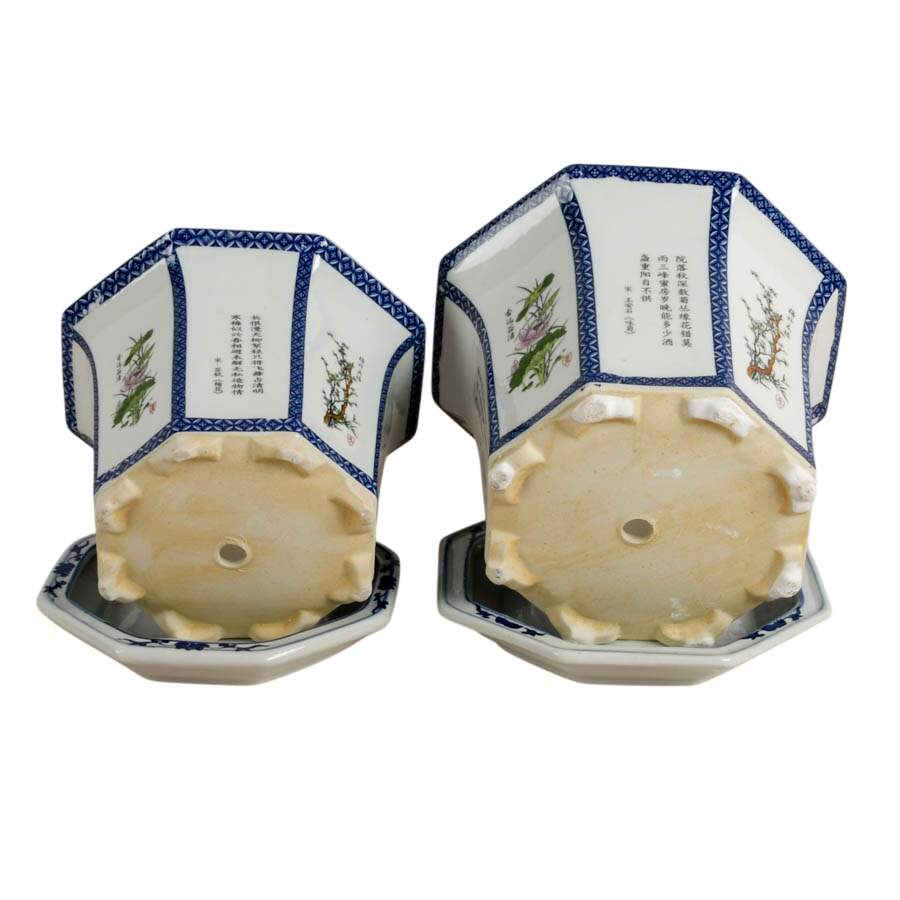 Pair of Chinese Sometsuke Hexagonal Bonsai Tree Pots-8
