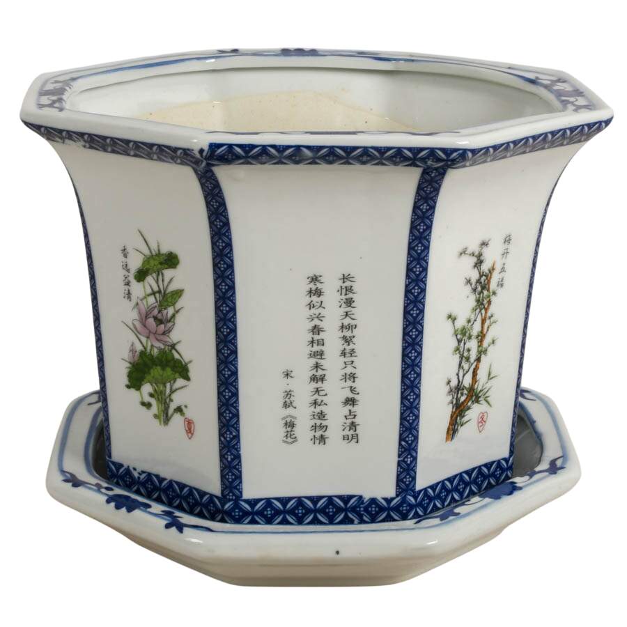 Pair of Chinese Sometsuke Hexagonal Bonsai Tree Pots-6