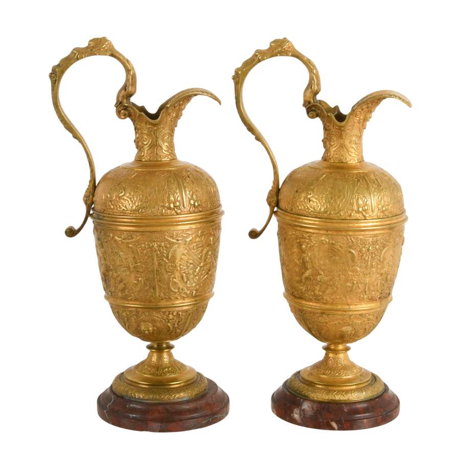 Pair of 19th Century Renaissance Revival Brass Ewers on Marble Bases-4