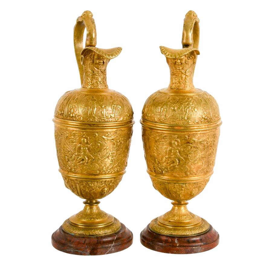 Pair of 19th Century Renaissance Revival Brass Ewers on Marble Bases-2