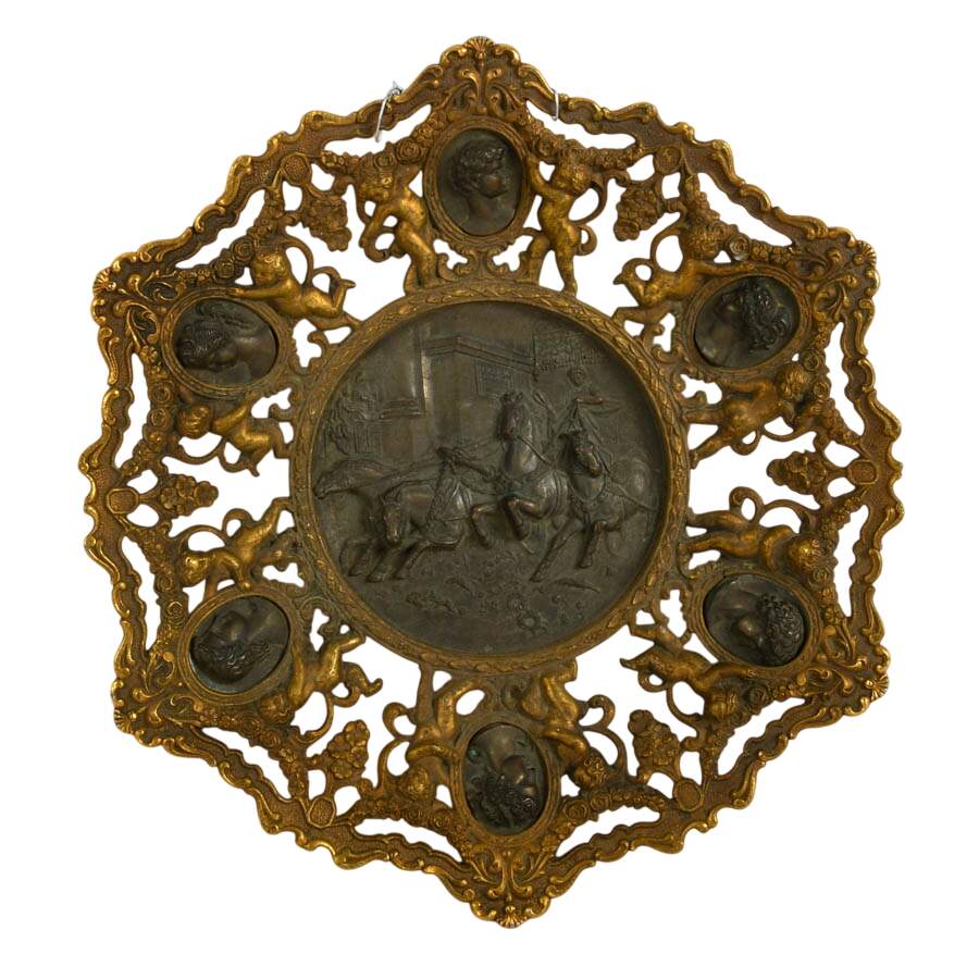 Ornate Baroque Roman Chariot Cast Brass Relief Charger Wall Plaque-1
