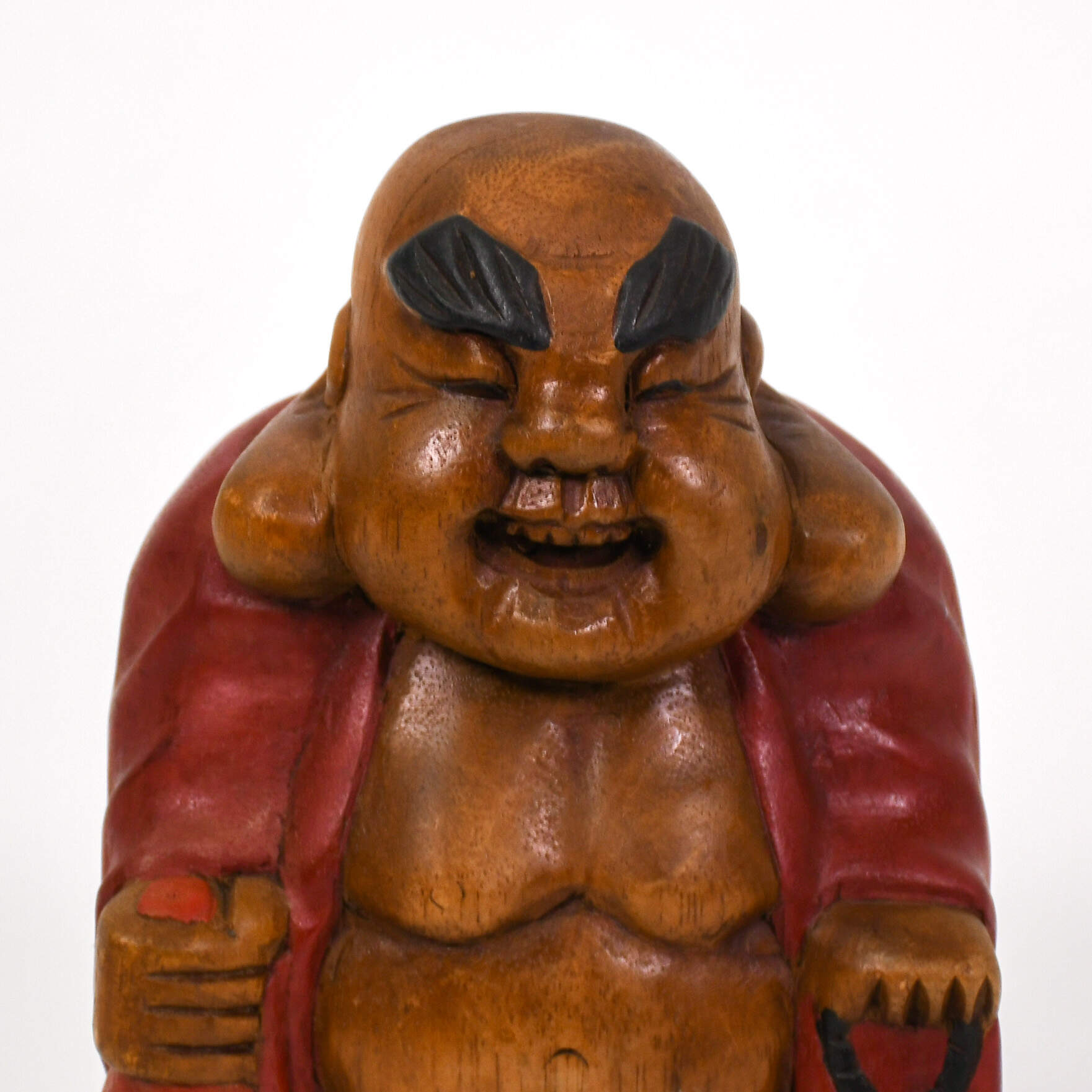 Hand-Carved Wood Laughing Buddha Figure-6