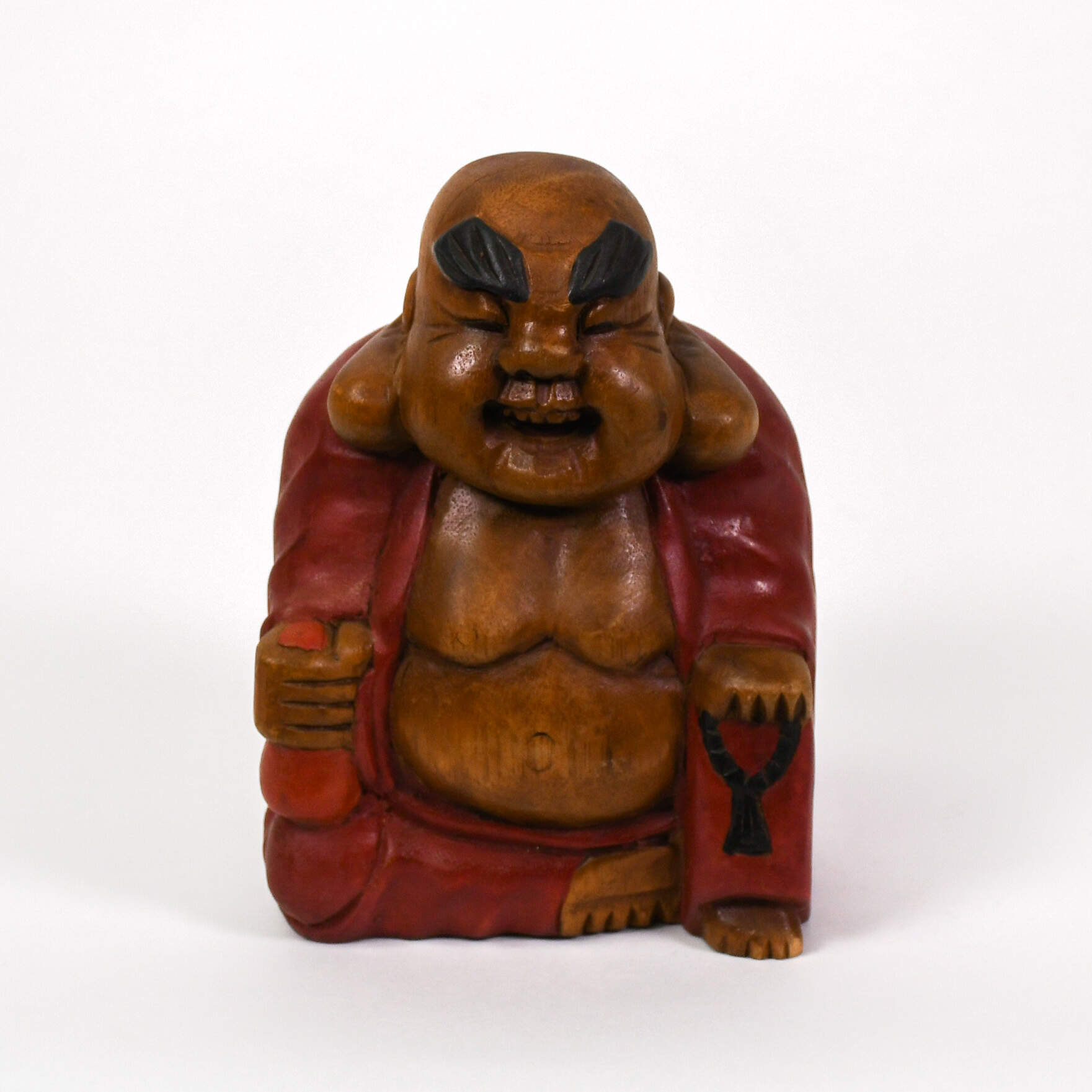 Hand-Carved Wood Laughing Buddha Figure-1
