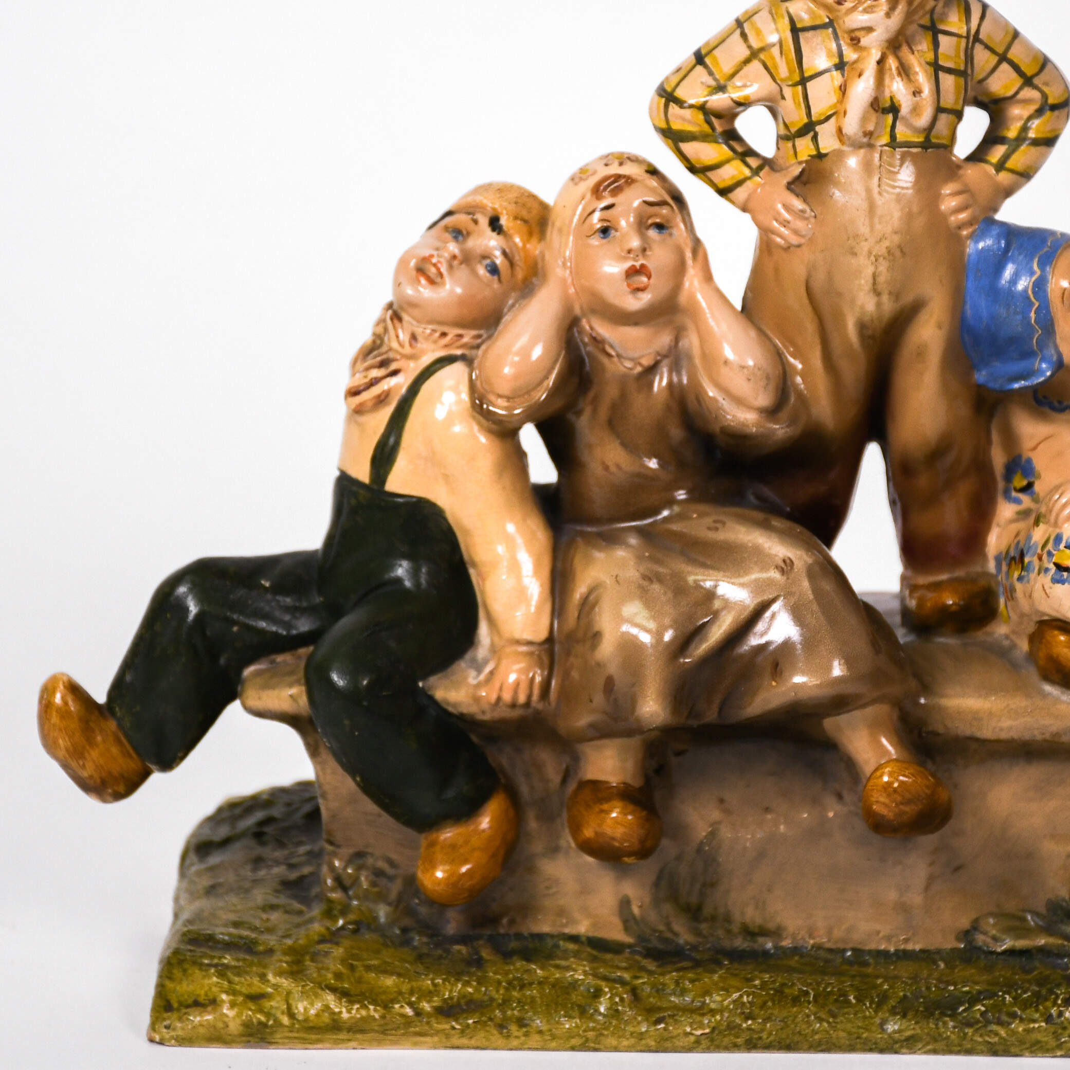 5 Dutch Children on a Bench Terracotta Glazed Figurine-7