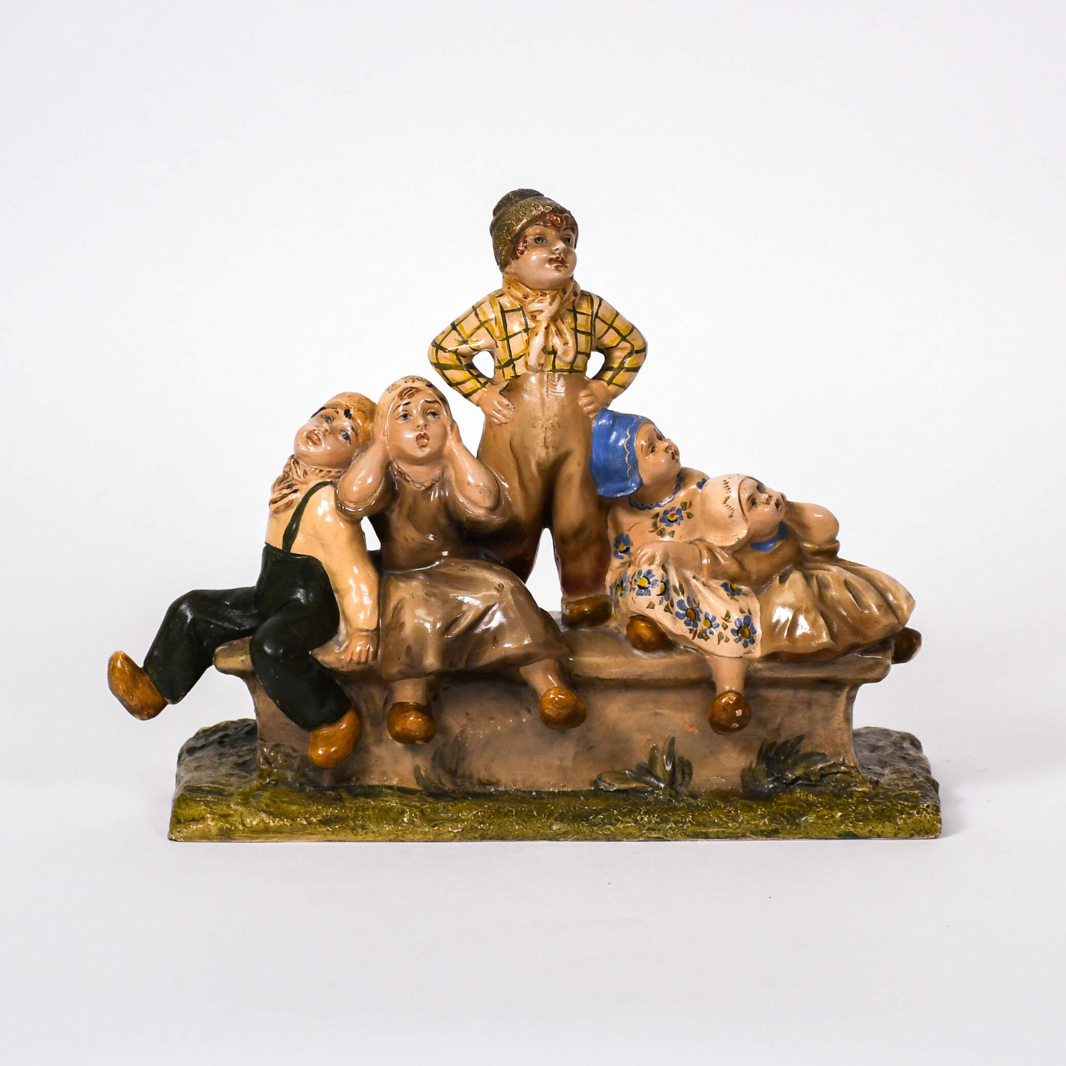 5 Dutch Children on a Bench Terracotta Glazed Figurine-1