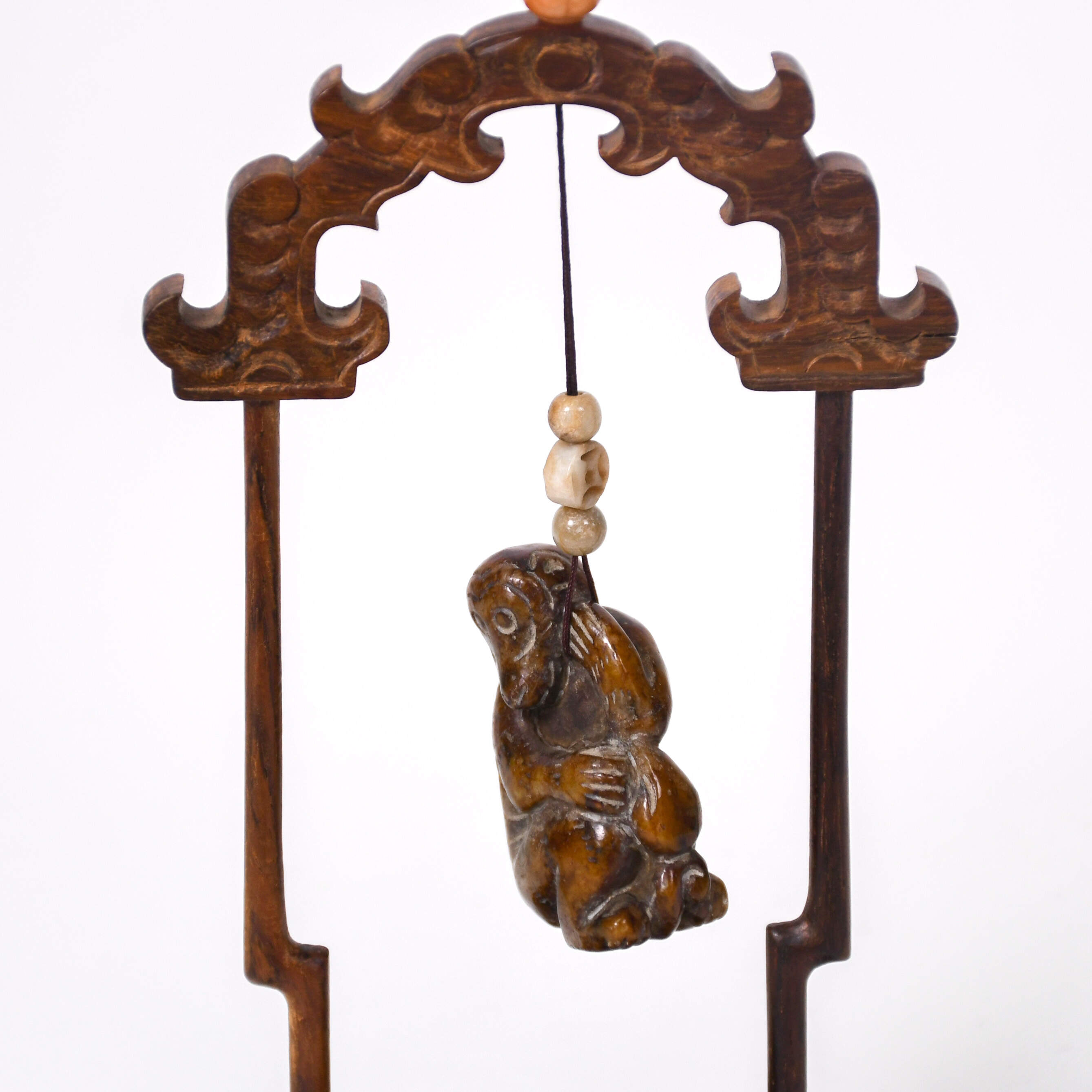 Figure Stone Carved Monkey Netsuke on Wood Stand-5