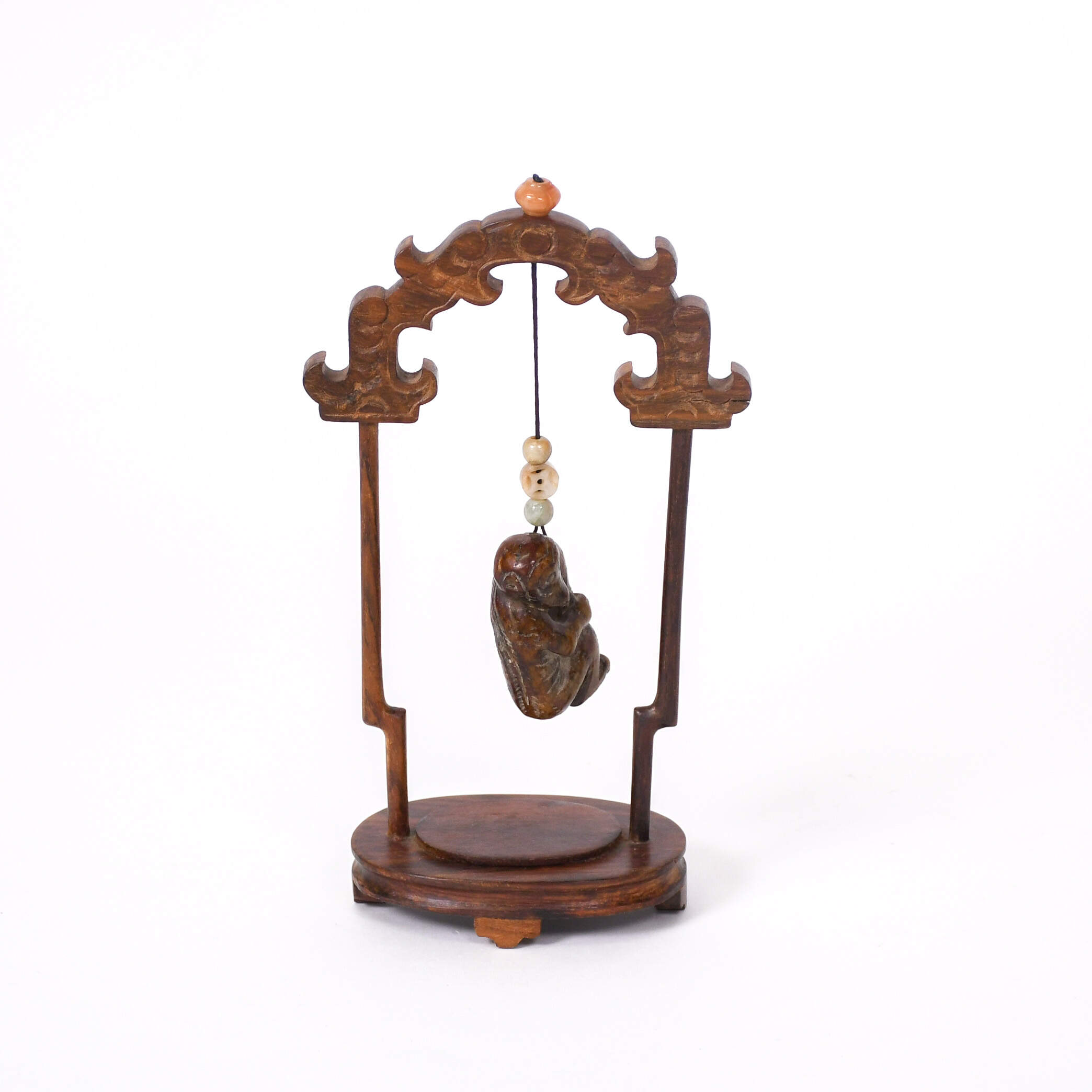 Figure Stone Carved Monkey Netsuke on Wood Stand-1