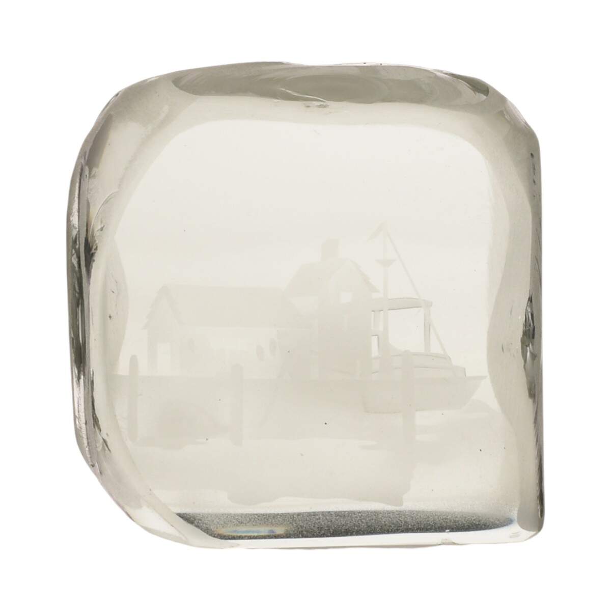 R. M. Yate Art Glass Sculpture with Etched Ship Harbor Decoration-8