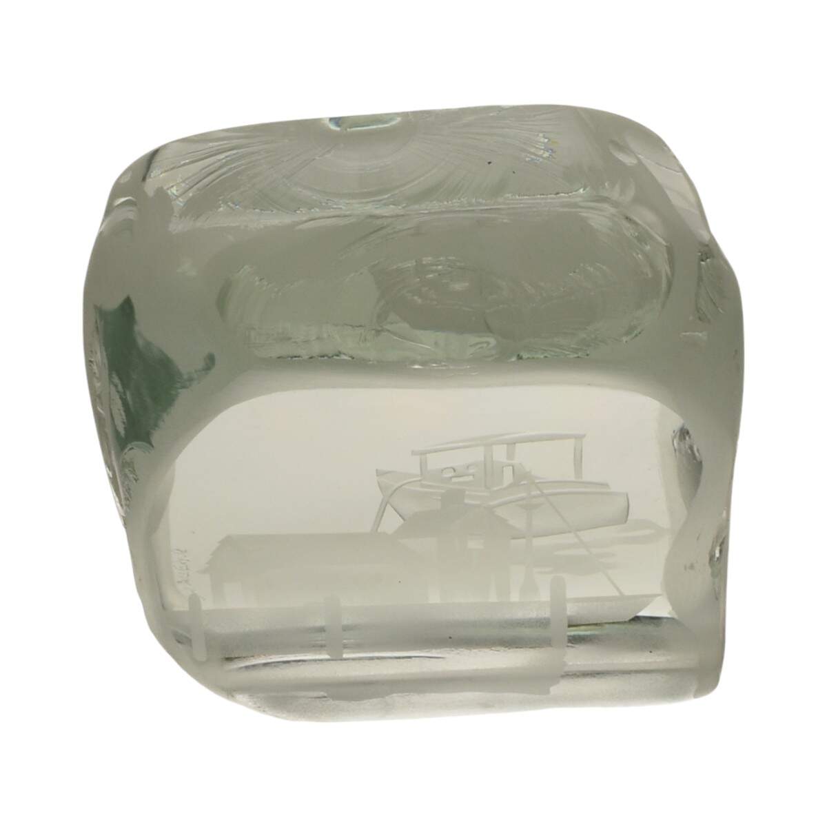 R. M. Yate Art Glass Sculpture with Etched Ship Harbor Decoration-7