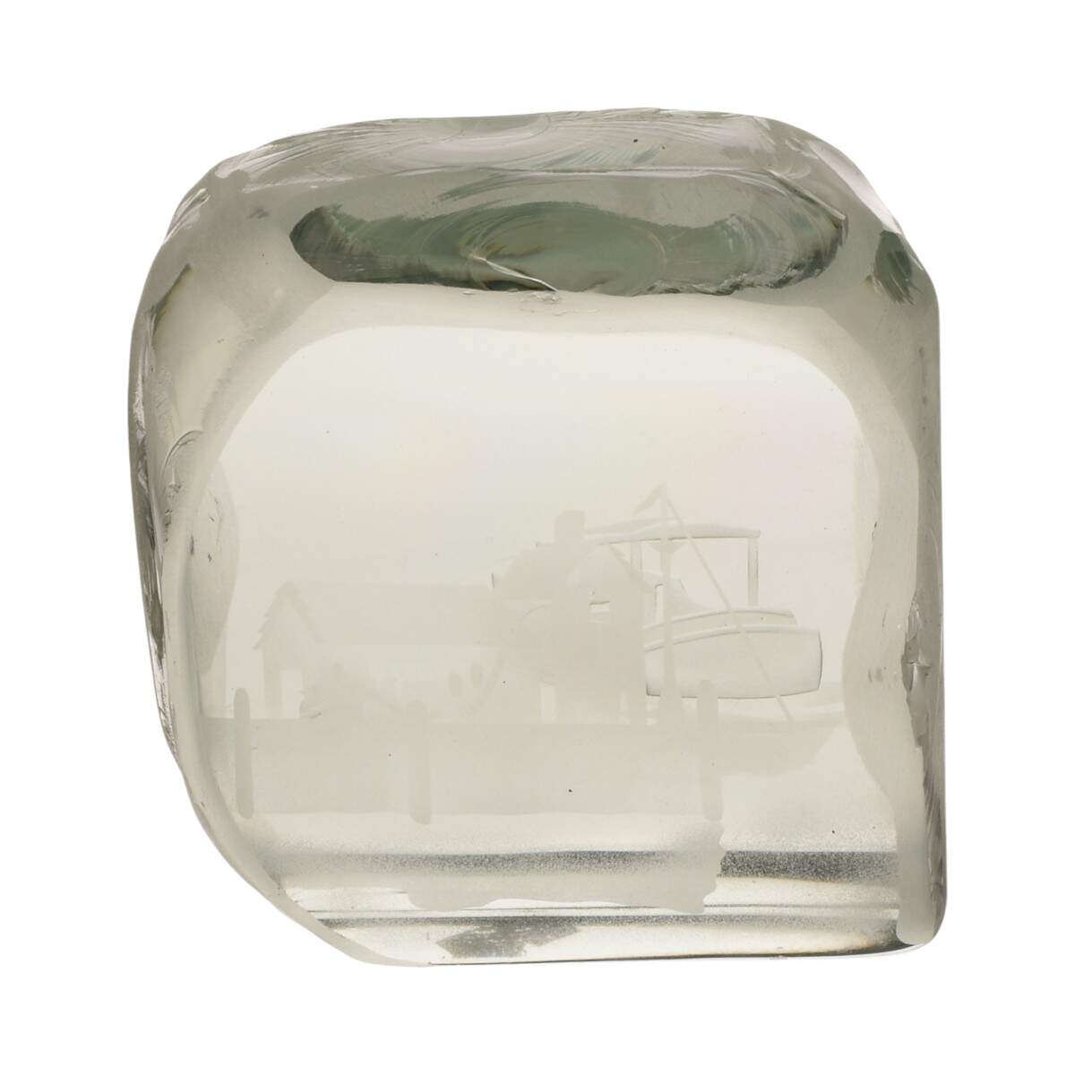 R. M. Yate Art Glass Sculpture with Etched Ship Harbor Decoration-5