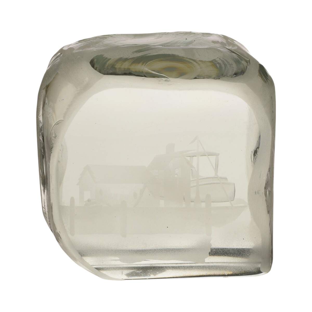 R. M. Yate Art Glass Sculpture with Etched Ship Harbor Decoration-1