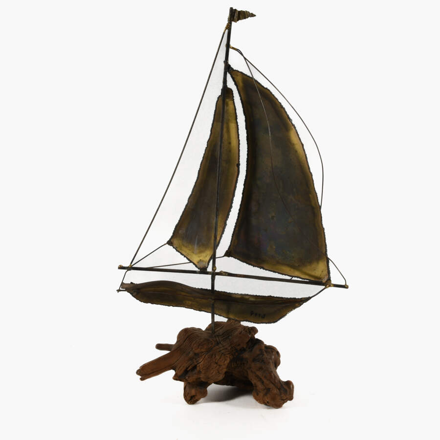 Brutalist-Style Brass and Copper Boat Model on Driftwood Waves Base-4
