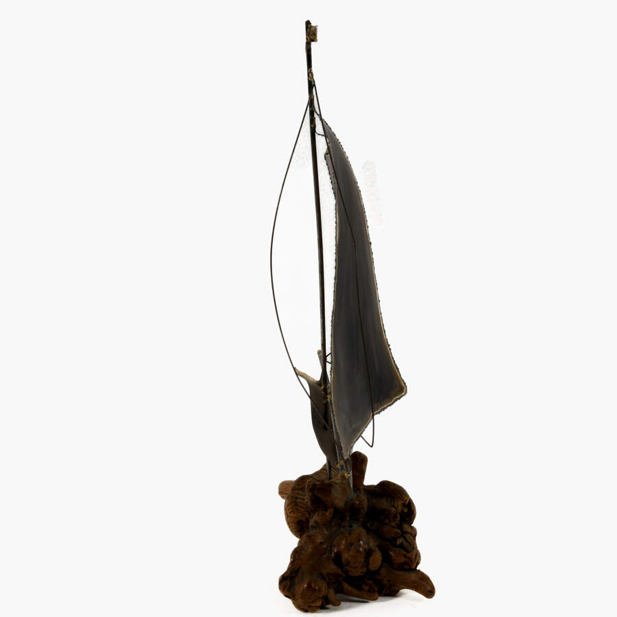 Brutalist-Style Brass and Copper Boat Model on Driftwood Waves Base-3