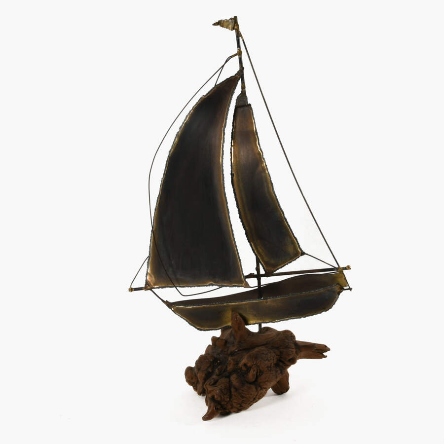 Brutalist-Style Brass and Copper Boat Model on Driftwood Waves Base-1