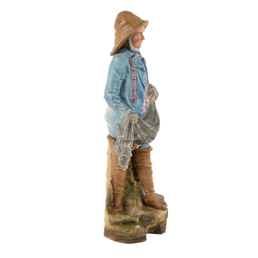 Antique Continental Bisque Fisherman Statue-7