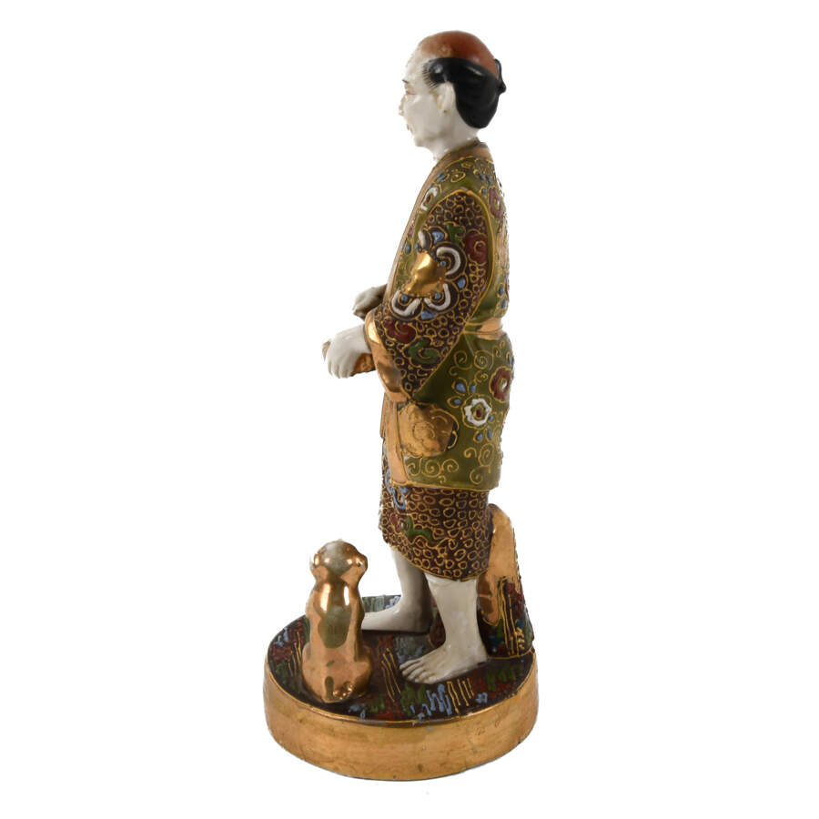 Japanese Satsuma Porcelain Man and Dog Figurine-4
