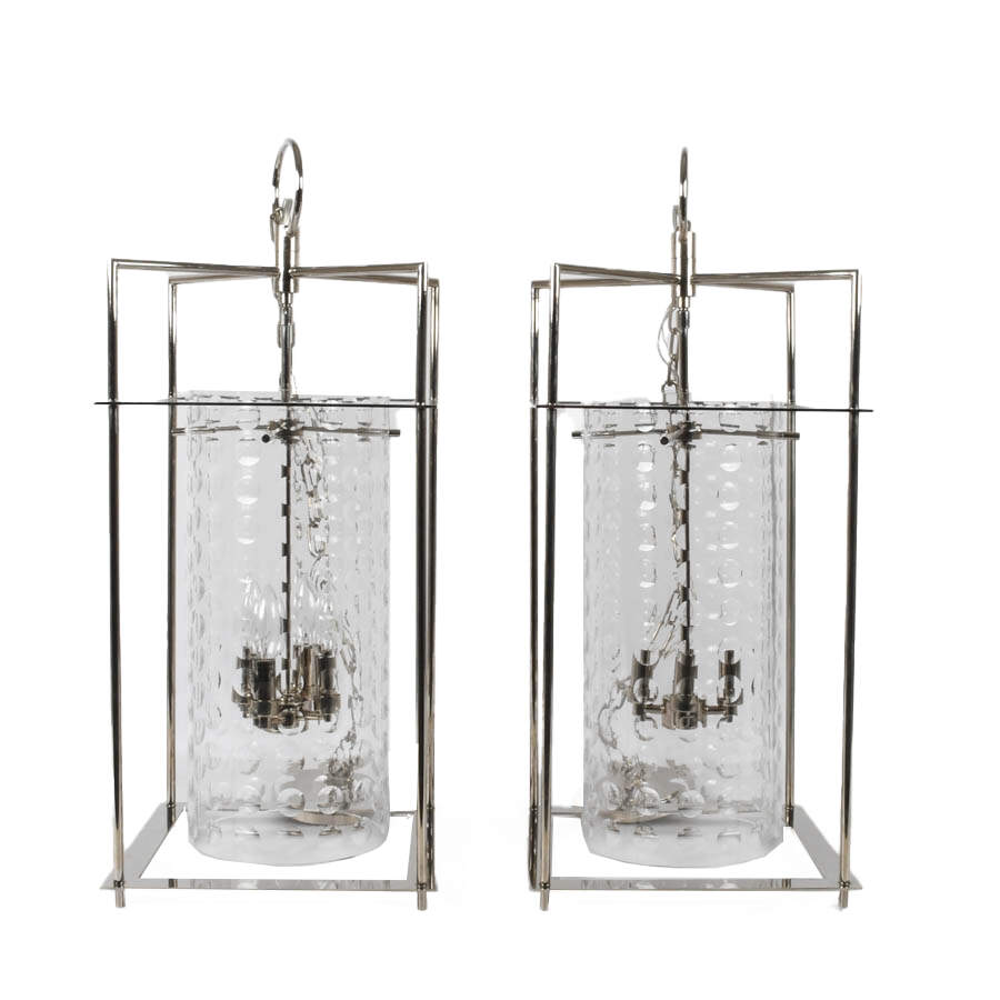 Pair of Hanging Glass and Chrome Indoor Outdoor Pendant Lights-1
