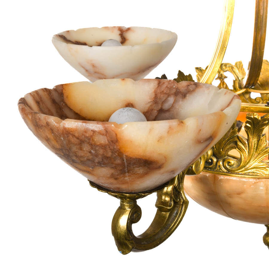 Art Deco Botanical Bronze and Carved Alabaster Five-Light Chandelier-3