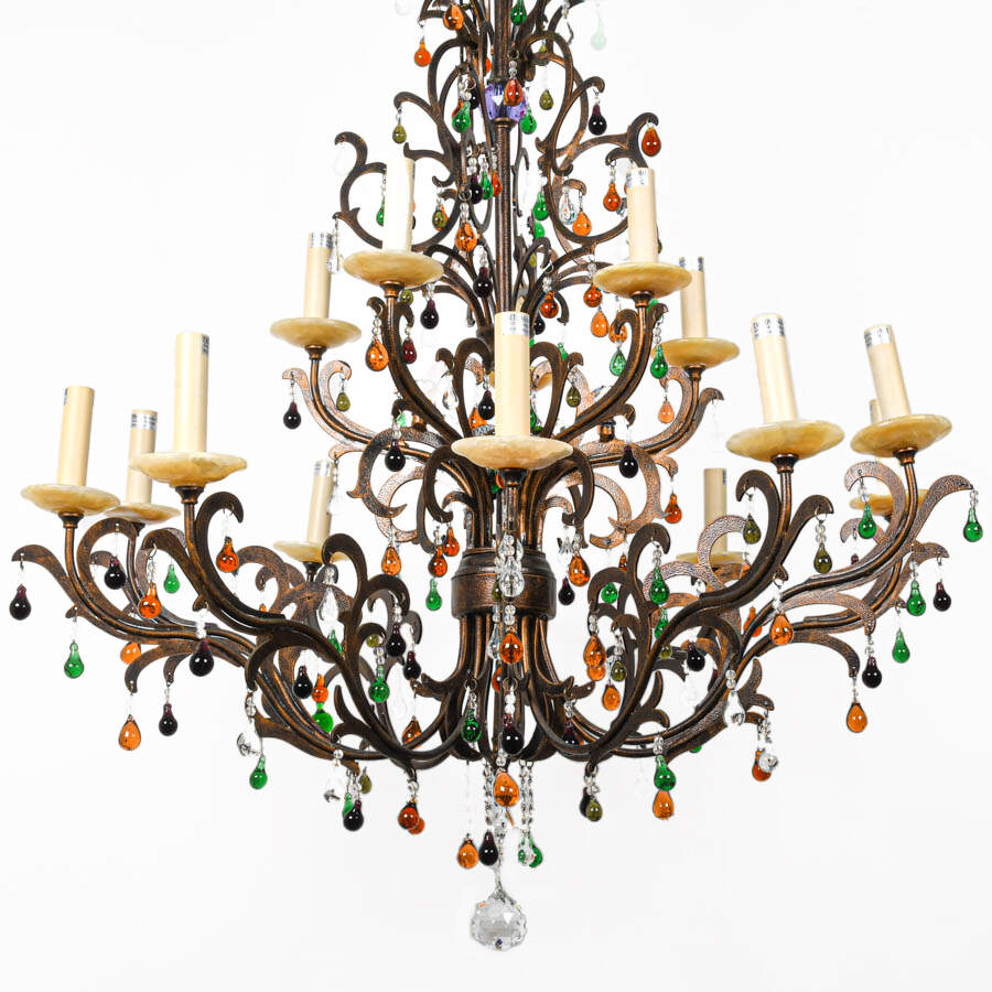 Rock Crystal and Quartz Fifteen-Light Wrought Iron Chandelier-3