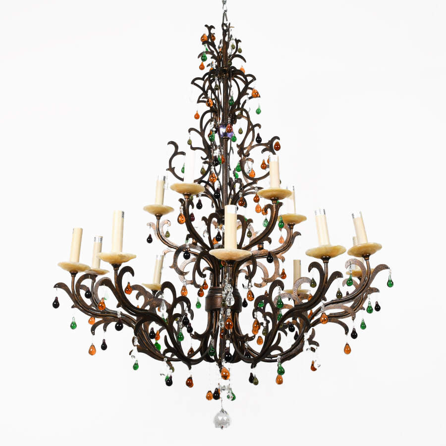 Rock Crystal and Quartz Fifteen-Light Wrought Iron Chandelier-2