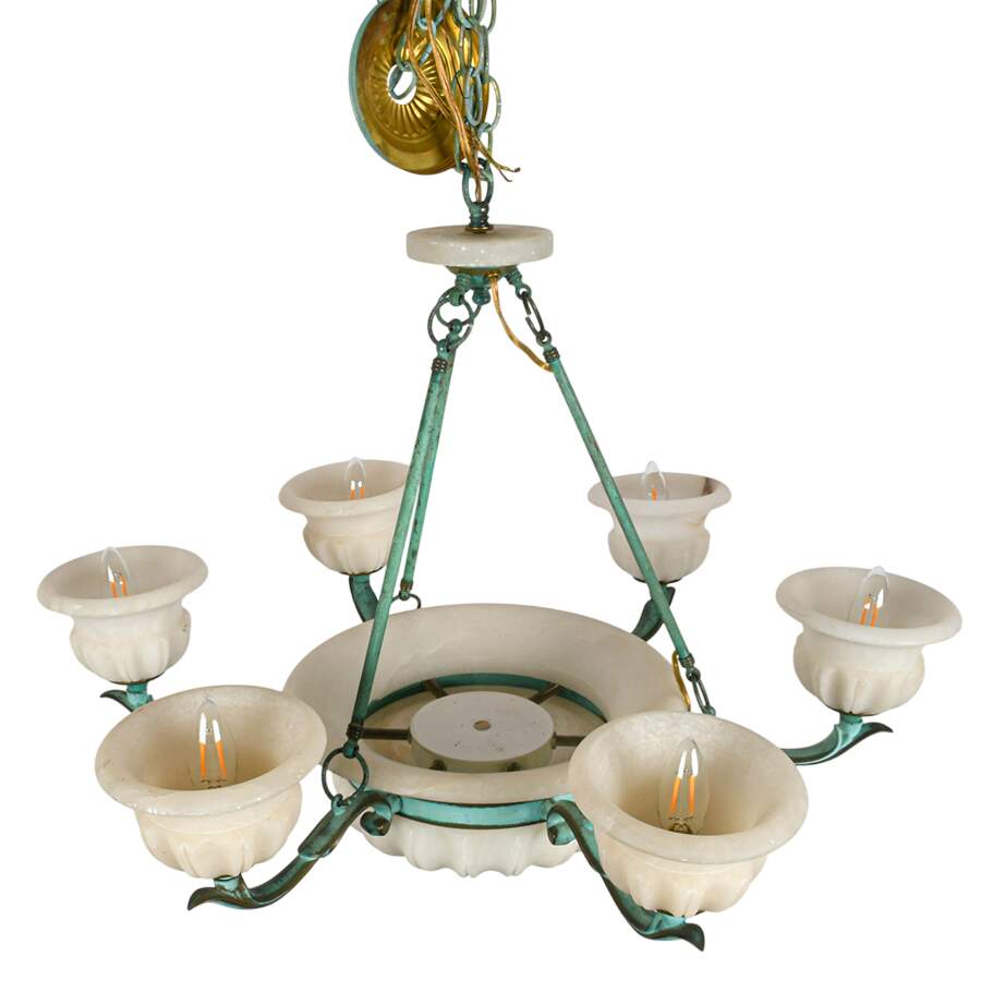 Bronze Verdigris and Alabaster Tulip Six Arm Chandelier-2