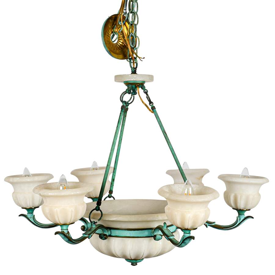Bronze Verdigris and Alabaster Tulip Six Arm Chandelier-1