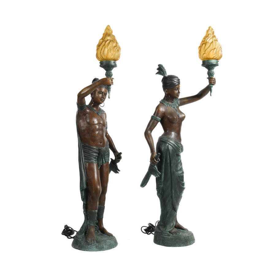 Signed Leonardo Rossi Pair of Monumental Bronze Figure Floor Lamps-10