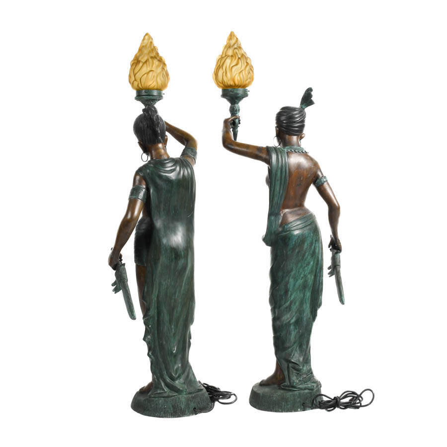 Signed Leonardo Rossi Pair of Monumental Bronze Figure Floor Lamps-9