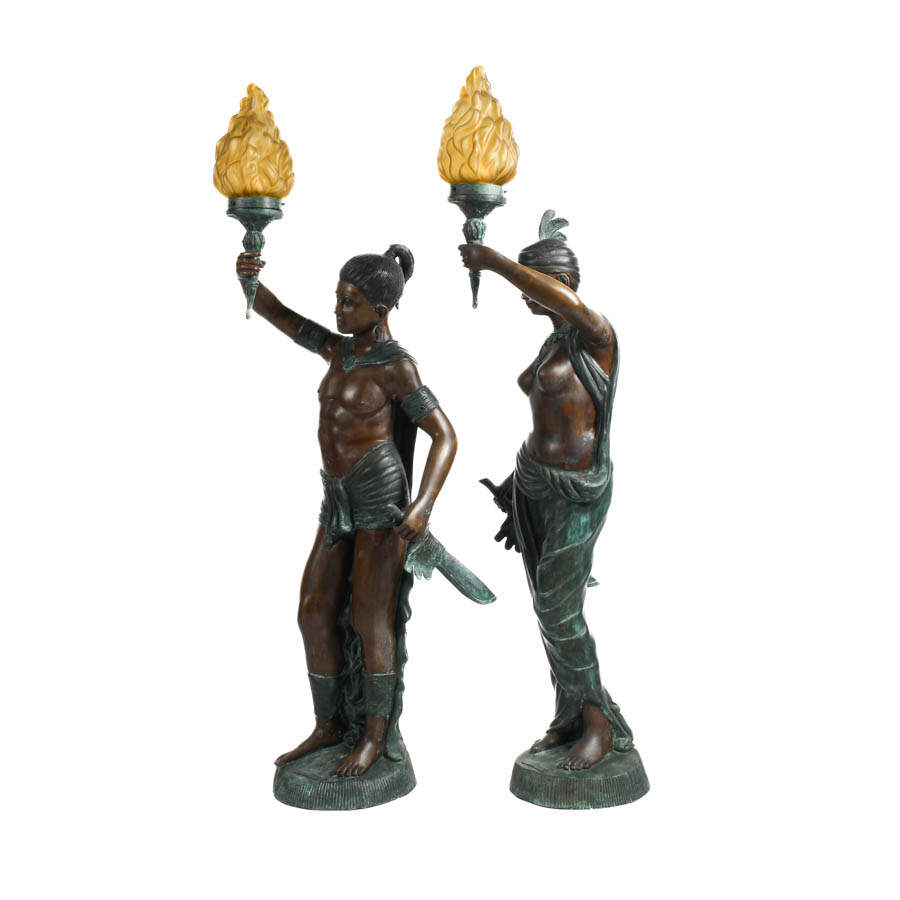 Signed Leonardo Rossi Pair of Monumental Bronze Figure Floor Lamps-6