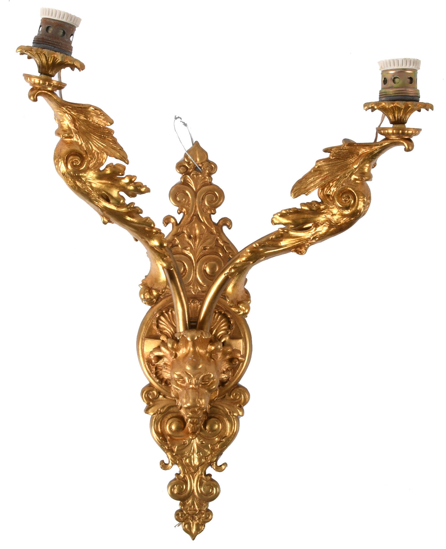 Louis XV-Style Gilt Lion's Head Two Arm Electric Wall Sconce-1
