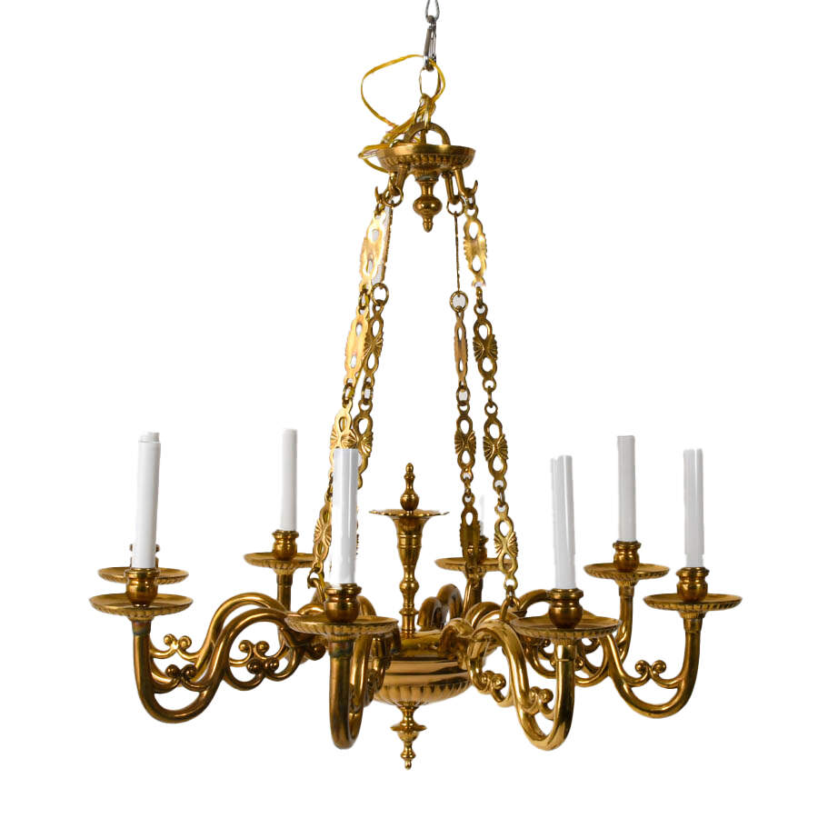 1930s Eight Arm Brass Candelabra Chandelier-3
