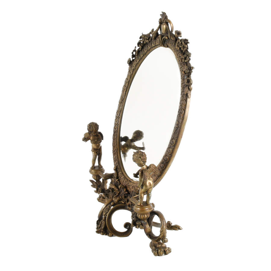 Antique Ornate Cast Metal Vanity Mirror with Cherubs-2