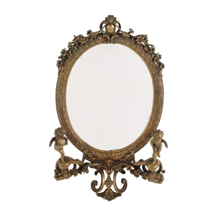 Antique Ornate Cast Metal Vanity Mirror with Cherubs-1