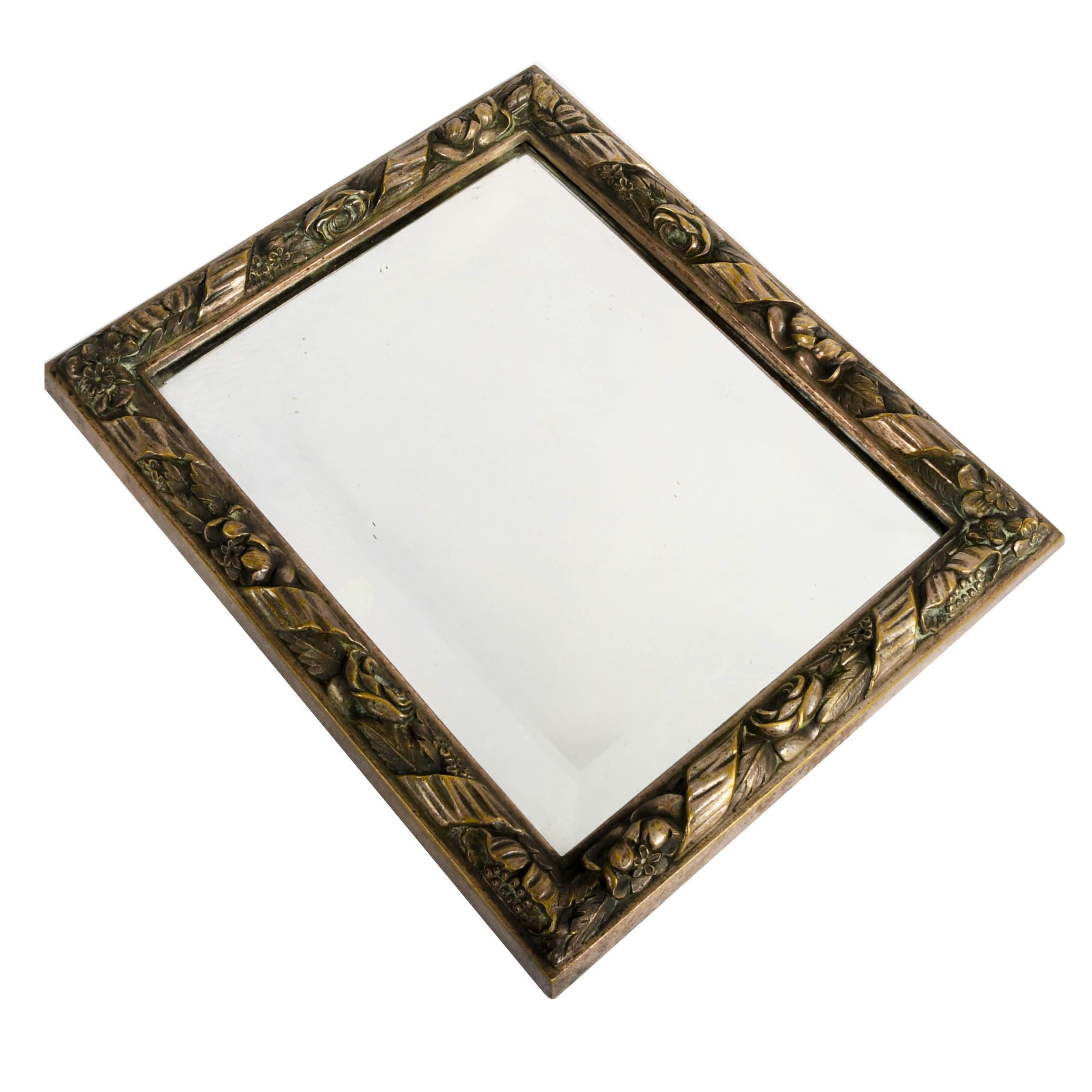 Antique Beveled Mirror with Floral Embossed Metal Frame-3