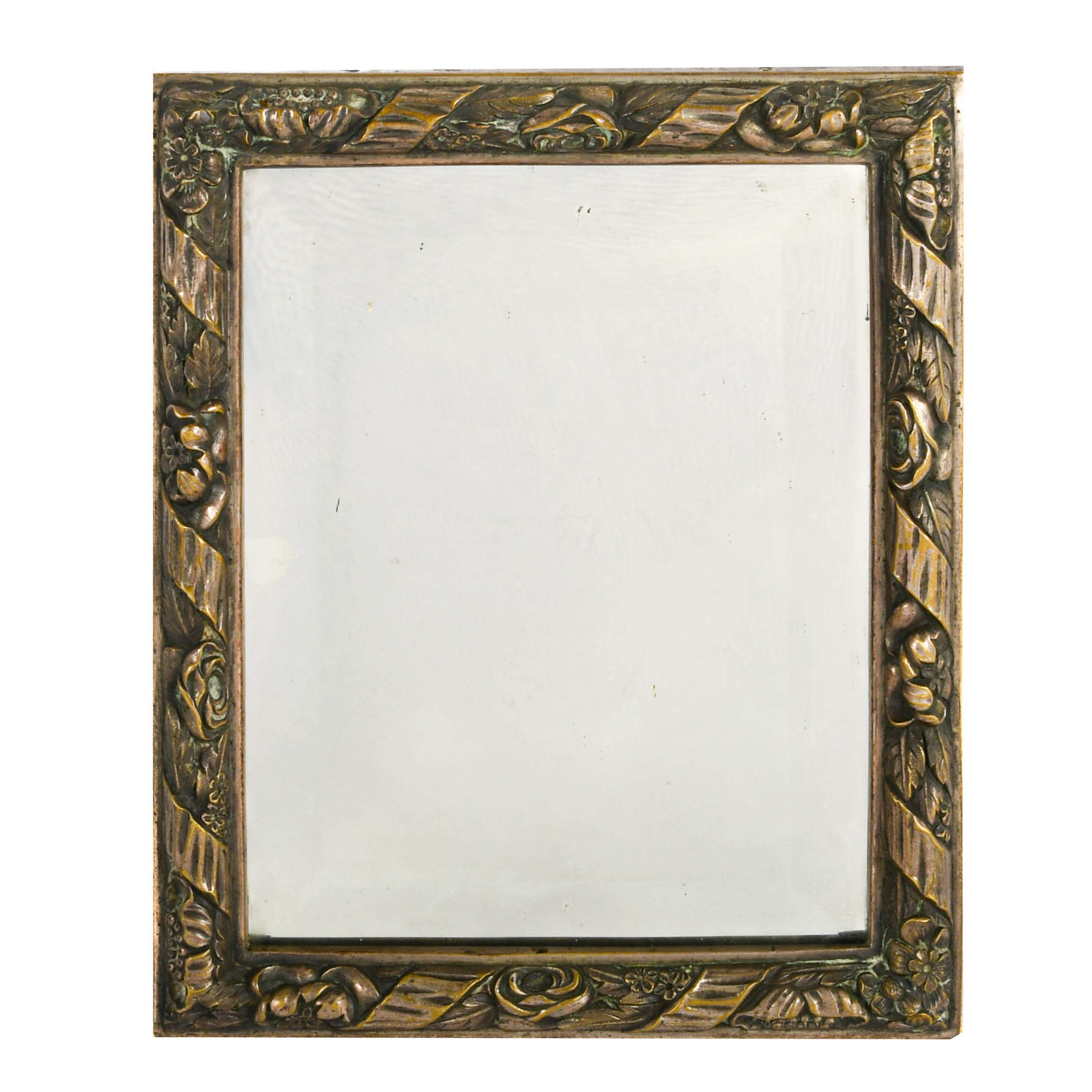 Antique Beveled Mirror with Floral Embossed Metal Frame-1