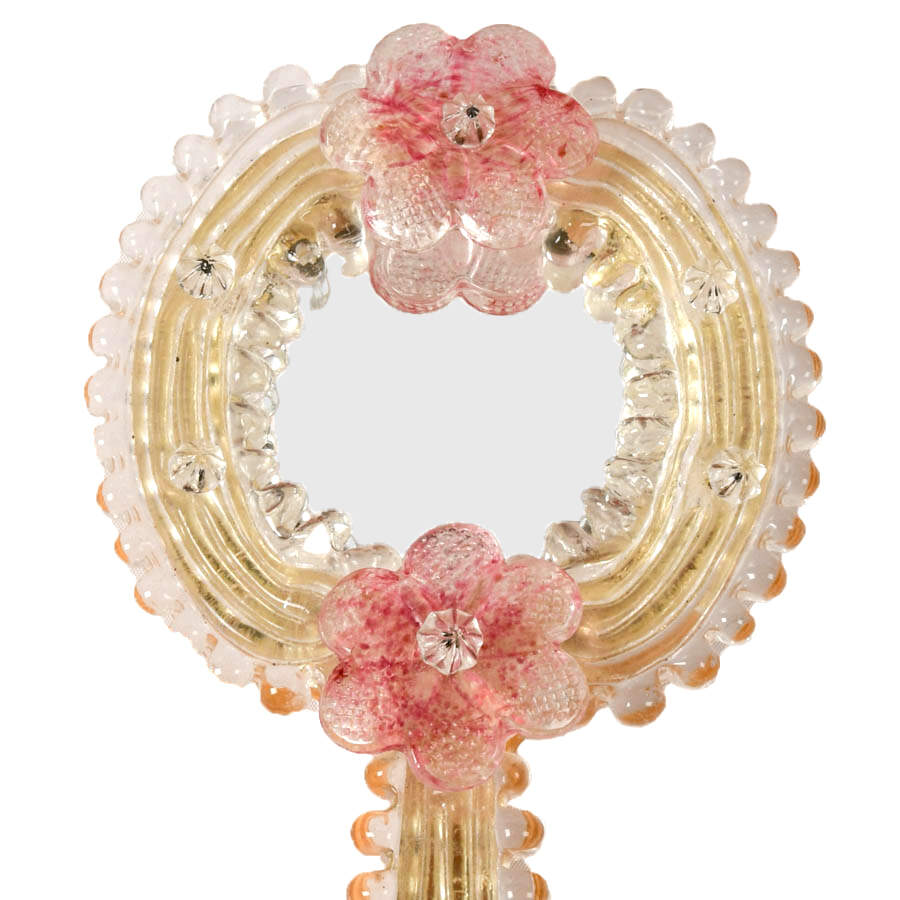 Mid-Century Floral Murano Glass Handheld Wall Mirror-2