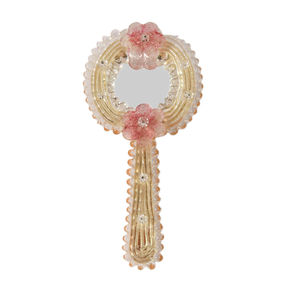 Mid-Century Floral Murano Glass Handheld Wall Mirror-1