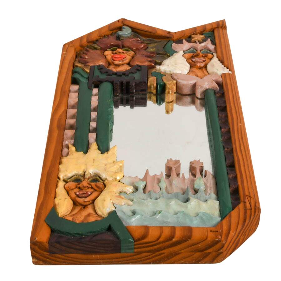 Signed R.A. Pitz Hand-Carved Whimsical Wood Wall Mirror-9