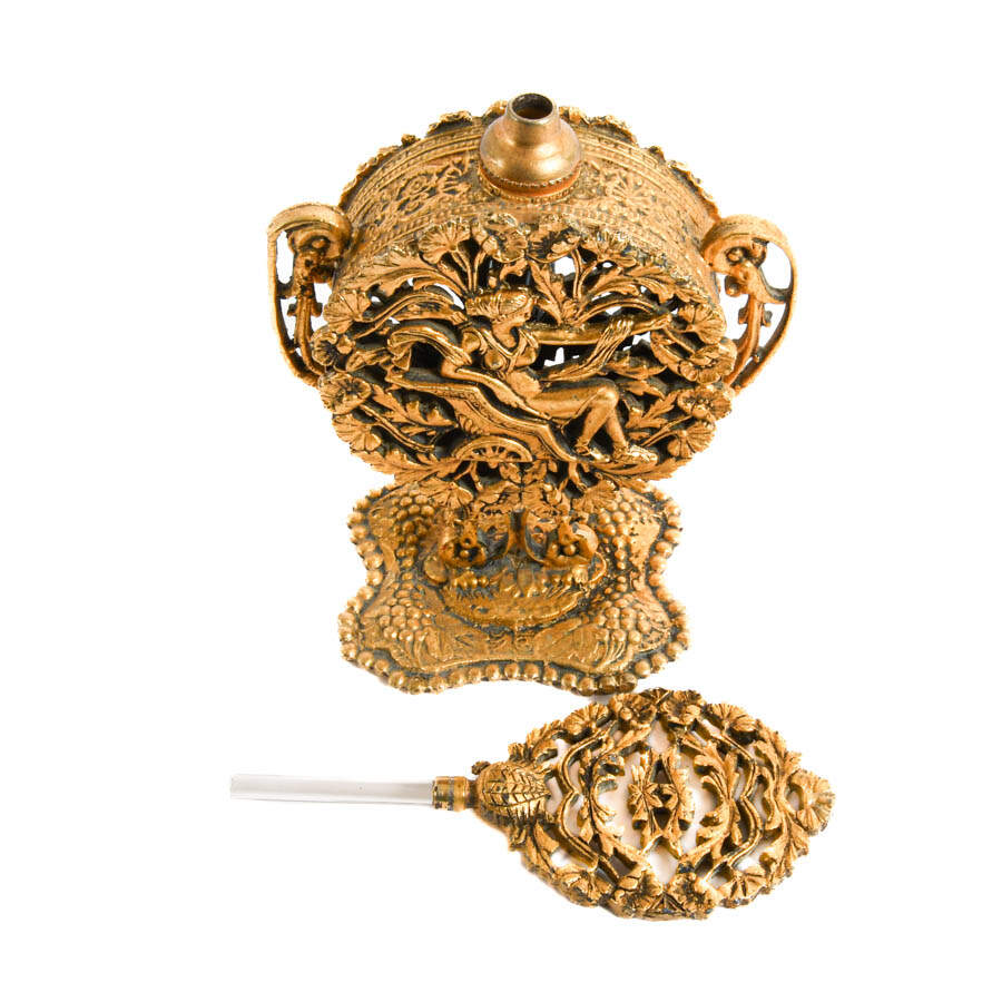 Mid-Century Modern Gilt Ormolu Filigree Perfume Bottle-7