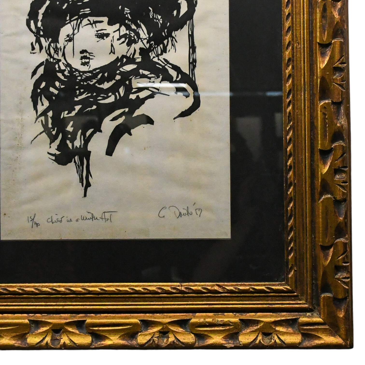 Framed Woodcut Print "Child in a Winter Hat" Signed Arthur Danto-5