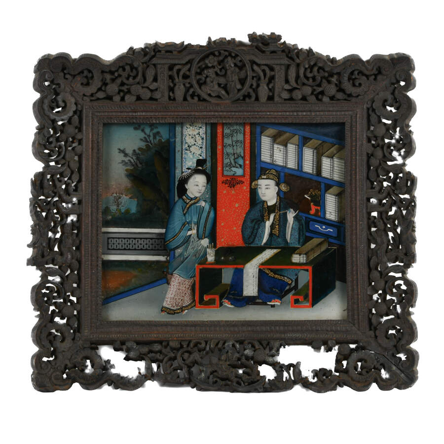 Antique 19th-Century Chinese Reverse Painting on Glass in Frame-1