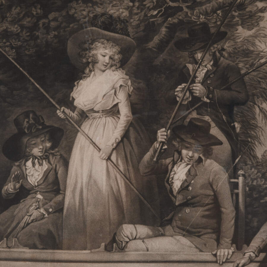 Framed Rare Engraving by George Keating Titled "A Party Angling"-5